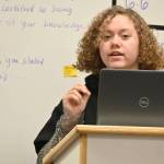 Sequim Gazette photo by Michael Dashiell / Grace Rogers works on her opening statement during a Mock Trial club practice last week.