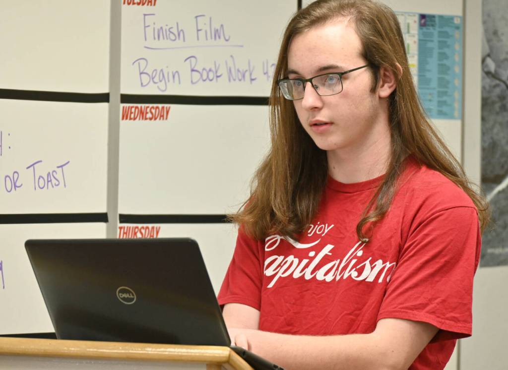 Sequim Gazette photo by Michael Dashiell / Brody Anderson interviews a witness during a Mock Trial club practice last week.