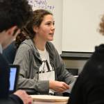 Sequim Gazette photo by Michael Dashiell / Sequim High School freshman Laila Sundin answers questions as a witness in a Mock Trial club case at a practice last week.