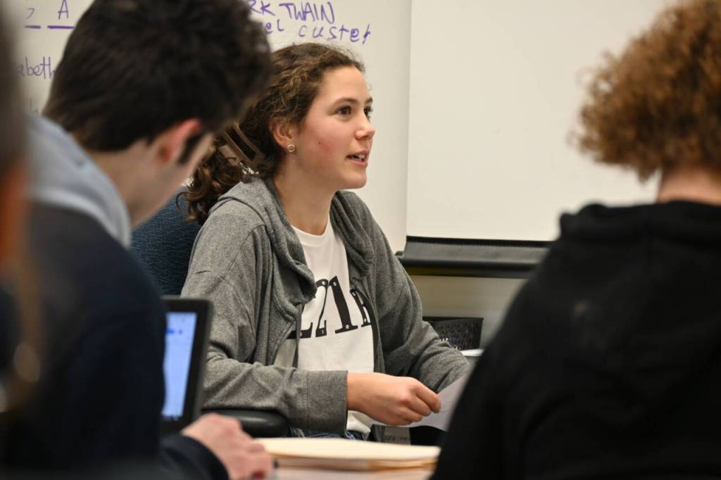 Sequim Gazette photo by Michael Dashiell / Sequim High School freshman Laila Sundin answers questions as a witness in a Mock Trial club case at a practice last week.