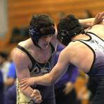Sequim Gazette photo by Michael Dashiell / Sequims Dylan Bowen, left, wrestles Taylor Delmendo of North Kitsap in a sub-district match on Feb. 4 at Bremerton High School. Bowen placed fifth and is an alternate to the regional tournament.