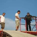 Photo courtesy of Todd Tjernell/ Robbie Knievel, right, speaks with crew members, including Todd Tjernell about logistics for his June 2007 jump at Frawley Stadium in Wilmington, Del.