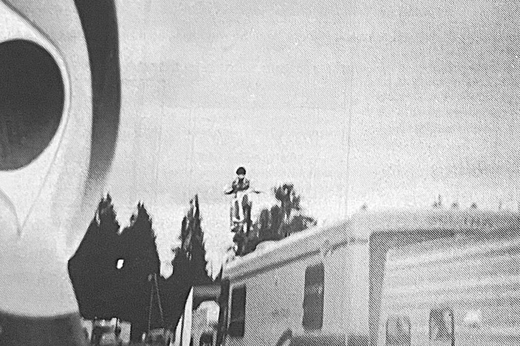 Sequim Gazette file photo/ Robbie Knievel made his first jump in the Sequim area in July 1995 in front of about 10,000 people at the recently opened 7 Cedars Casino. He jumped 185 feet over trailers.