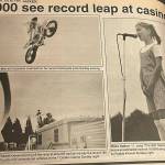 Sequim Gazette file photos/ Robbie Knievel made his first jump in the Sequim area in July 1995 in front of about 10,000 people at the recently opened 7 Cedars Casino. He jumped 185 feet over trailers.