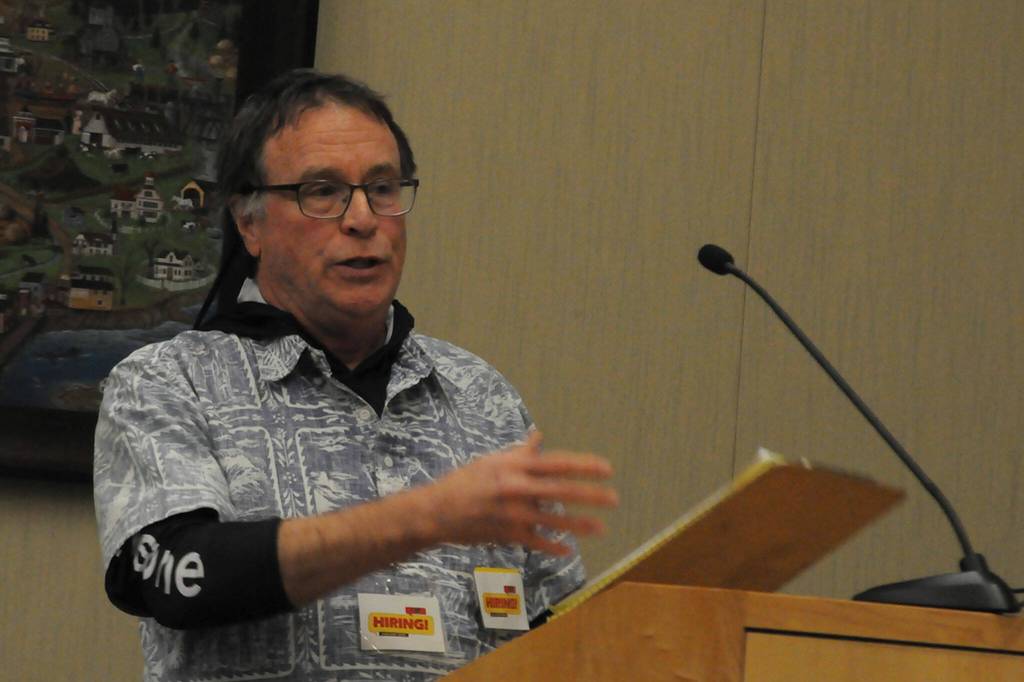 Sequim Gazette photo by Matthew Nash/ Lex Morgan with Cornerstone Builders tells Sequim city councilors on Jan. 23 that in the last 20 years its gotten more difficult to hire qualified candidates and that with school districts proposed CTE building he cannot see any downside as it would help provide more career options for students.