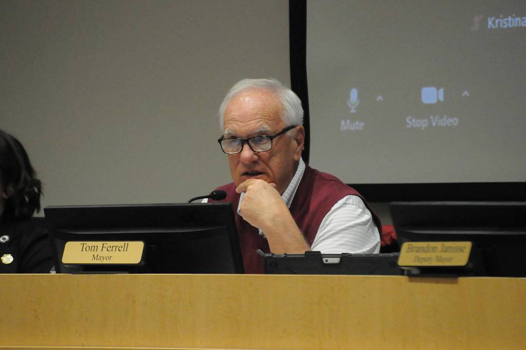 Sequim Gazette photo by Matthew Nash/ Sequim Mayor Tom Ferrell told audience members on Jan. 23 he supports the Sequim School Districts CTE building concept as a no brainer but wasnt sure about the full $250,000 pledge from the city as that money must come from somewhere within the citys budget. As the council considers this, those are things on our mind too, he said.