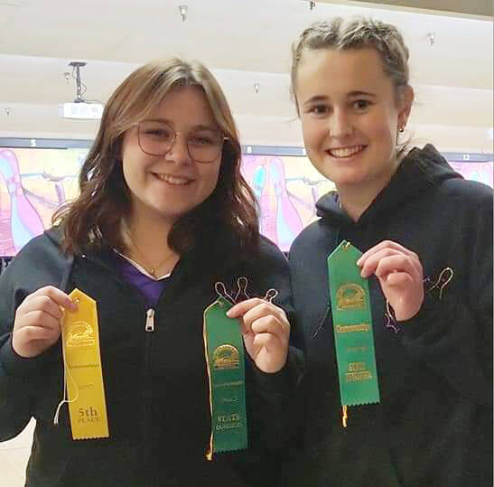 Submitted photo
Sequim Highs Morgan Kayser, left, and Nikoline Updike are all smiles after earning berths to the state 2A state bowling tournament with strong efforts at the West Central District tournament in Silverdale on Jan. 28.