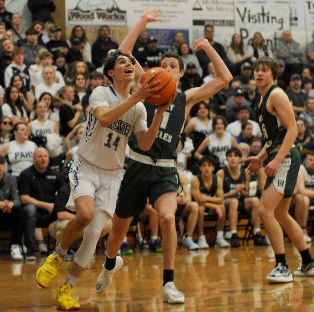 Sequim guard Vince Carrizosa, left, drives past Port Angeles Dallas Dunning in the first half of the Wolves 60-57 win over Port Angeles on Feb. 2.