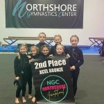 Submitted photo / Members of the Klahhane Xcel Teams Bronze squad celebrate a strong performance at the Northshore Invitational in Woodinville on Feb. 4 and 5, racking up a team-record 114.475 points. Pictured are (back row, from left) Lainey DePiro, Morgan Smith and Raeleigh Thomason, with (front row, from left) Charlotte Neville, CarlyMae Riggs, Paytynn Lindley and Mckinlee Thomason. Not pictured is Harper Watterkotte.