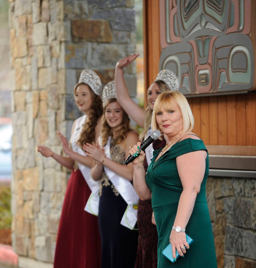 Sequim Gazette file photo by Michael Dashiell / Lynn Horton, right, and Sequim Irrigation Festival royalty greet attendees at the Sequim Irrigation Festival Float Reveal and Kick Off Dinner/Auction at 7 Cedars Casino in 2019.