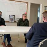 Sequim Gazette photo by Matthew Nash/ As part of a tour of American Rescue Plan Act recipients on the North Olympic Peninsula, U.S. Rep, Derek Kilmer, on right, met with Clallam County Commissioner Mark Ozias and Andra Smith, executive director of the Sequim Food Bank, on Feb. 10 to learn about the increase in and continued demand for services.