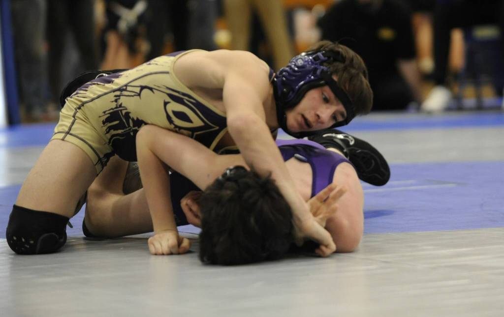 Sequim Gazette photo by Michael Dashiell
SHS junior Cayden Beauregard wrestles with Nolan Hancock of North Kitsap in a sub-regional match at Bremerton High School on Feb. 4. Beauregard placed third at a regional tournament in Belfair on Feb. 11 and looks for a strong season finish at the MatClassic tournament in Tacoma this week.