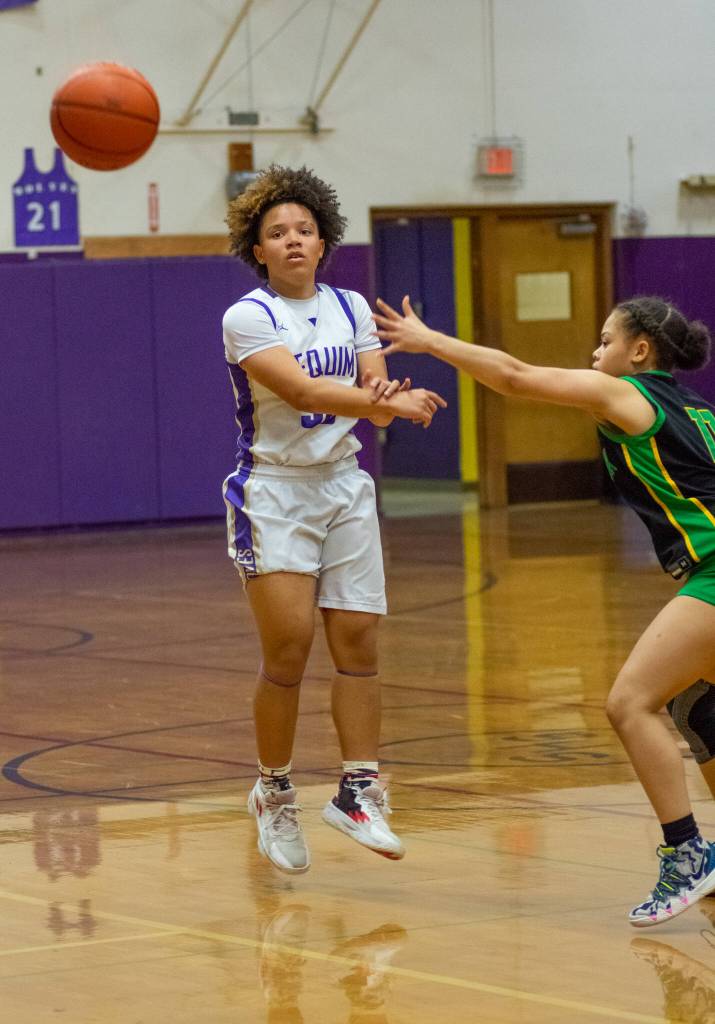 Sequim Gazette photo by Emily Matthiessen / Sequim guard Bobbi Mixon passes to a teammate in the Wolves 65-29 win over Clover Park on Feb. 14.