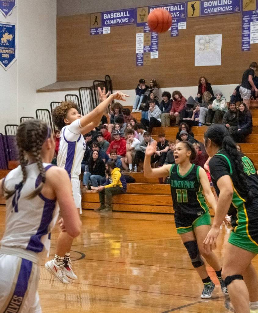 Sequim Gazette photos by Emily Matthiessen
Sequim guard Bobbi Mixon puts up a shot in the Wolves 65-29 win over Clover Park on Feb. 14. Mixon sank two 3-pointers in the win.