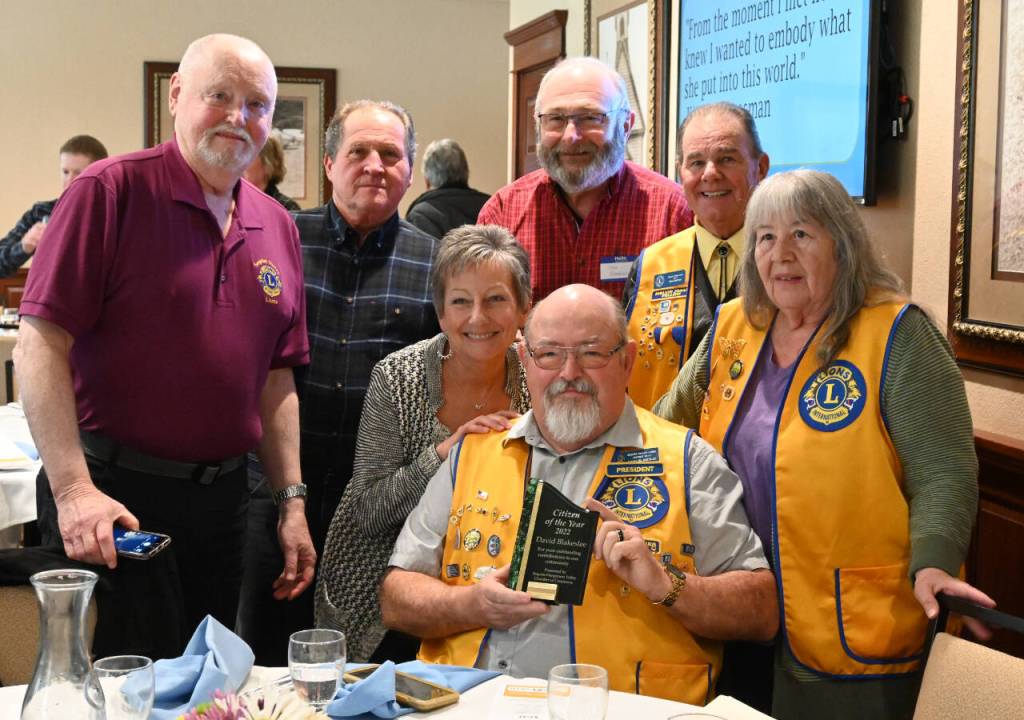 Sequim Gazette photo by Michael Dashiell / David Blakeslee, center, is joined by fellow Sequim Valley Lions members at Sequim-Dungeness Valley Chamber of Commerces 2022 Sequim Citizen of the Year award luncheon at The Cedars at Dungeness golf course on Feb. 28. Blakeslee, the Lions club president, was named the Sequim Citizen of the Year.
Sequim Gazette photo by Michael Dashiell
Sequim Valley Lions Club president David Blakeslee, center, is joined by fellow Lions at Sequim-Dungeness Valley Chamber of Commerces 2022 Sequim Citizen of the Year award luncheon at The Cedars at Dungeness golf course on Feb. 28. Blakeslee was named the 2022 Sequim Citizen of the Year.