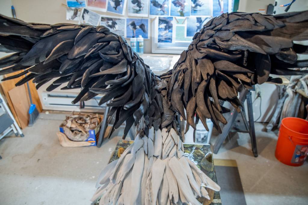Sequim Gazette photo by Emily Matthiessen
Dozens of driftwood pieces make up the Fisher King eagles feathers. Molly Omann says that driftwood sculptures are a lot like a giant puzzle.
