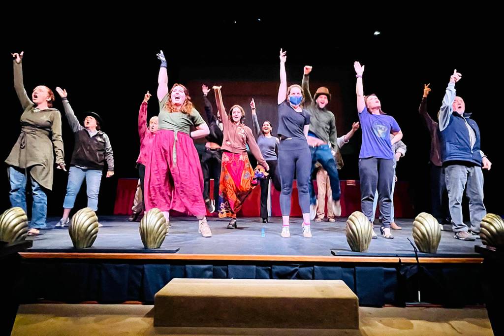 Sequim Gazette photo by Matthew Nash/ Cast members practice a dance number for The Mystery of Edwin Drood at Olympic Theatre Arts, which runs three weekends March 10-26. The musical comedy invites audience members participation to vote on the murderer, and more.