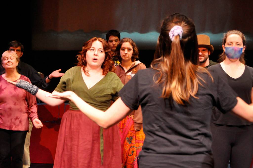 Bailey Loveless (Rosa Bud) front left, and other actors work with choreographer Kristina Wight-Leininger on moves for one of the many songs in The Mystery of Edwin Drood. Its a pretty absurd and wild ride, Loveless said of the play. Its wacky and fun.