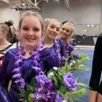 Submitted photo / Sequim High gymnasts (from left) Lucy Spelker, Susannah Sharp and Kori Miller finish their 2022-2023 season at the 1A/2A/3A state finals in Sammamish last week.