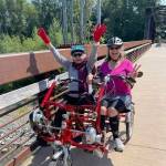 Photo courtesy of Sequim Wheelers / Rita McCabe, left and Lanie Cates enjoy a ride on the Olympic Discovery Trail.