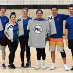 Submitted photo / Upleft teammates celebrate a Peninsula Volleyball League A Division championship in early March. They include, from left, Josh Miller, Jaclyn Duenas, Stina Janssen, Kix McArthur, Matt Miller and Nick Koller. Not pictured is Mindy King.