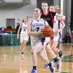 Photo by Jim Heintz / Sequims Hannah Bates leads a fastbreak in the first half of SHSs 57-37 win over Sammamish at the class 2A state tournament in Yakima on March 1.