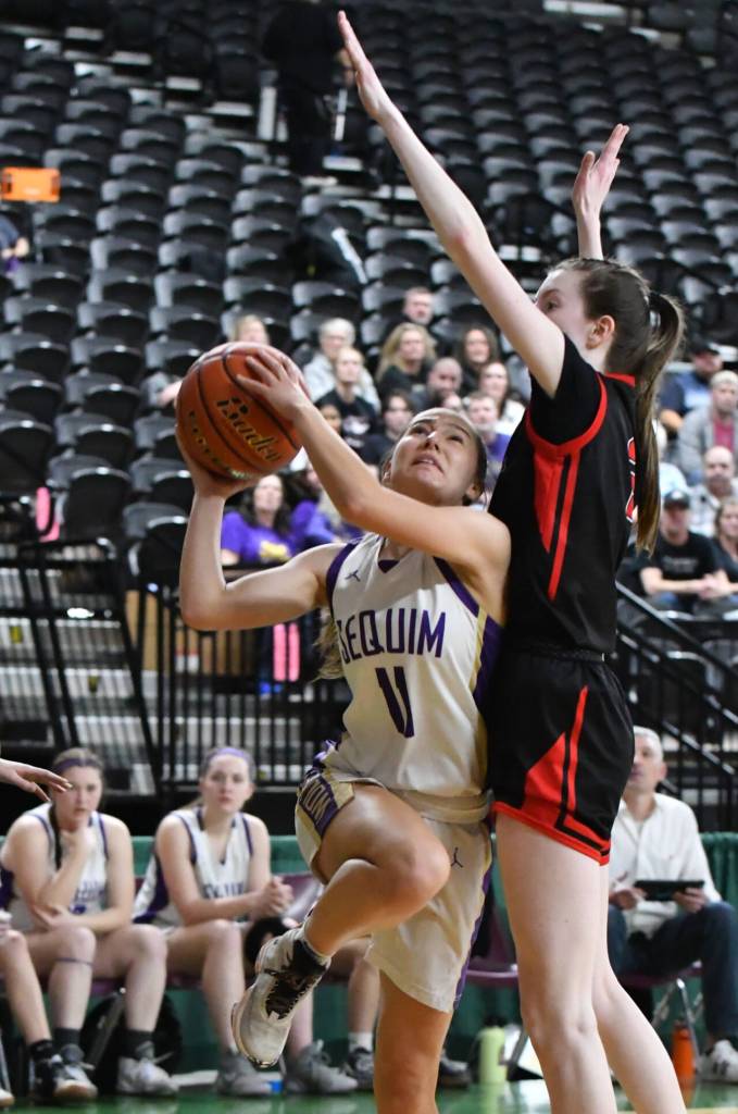 Photo by Jim Heintz / Sequim guard Taryn Johnson, left, drives to the basket in the second half of the Wolves 57-37 win over Sammamish in the class 2A state tournament in Yakima on March 1.