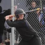 Sequim Gazette file photo by Michael Dashiell / Sequim slugger Mia Pozernick looks for a pitch to hit in an April 2022 match-up against rival Port Angeles.