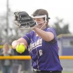 Sequim Gazette file photo by Michael Dashiell / Sequims Angel Wagner pitches against Forks in a March 2022 non-league game. Wagner and Lainy Vig figure to share time on the mound in 2023 as the Wolves seek a return trip to the state 2A tourney.