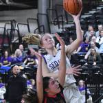 Photo by Jim Heintz / Sequims Jolene Vaara looks to get past Sammamishs Sophia Eastman in the first half of SHSs 57-37 win over Sammamish at the class 2A state tournament in Yakima on March 1. Vaara was named the 2022-23 Olympic Leagues most valuable player and defensive player of the year.