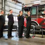 Photo courtesy Clallam County Fire District 3/ Fire chief Ben Andrews with Clallam County Fire District 3, far right, swears in probationary firefighters/paramedics, from left, Eliza Winne, Erik Payne, Bryant Kroh, Mark Karjalainen, and Jeremy Church on March 20 in Station 34 for a badge pinning ceremony.