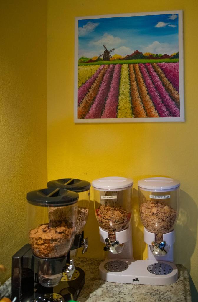 Sequim Gazette photo by Emily Matthiessen / Along with other upgrades, the former EconoLodge at 801 E. Washington Street, which officially became the Ocean Star Inn on February 1, hosts a renovated breakfast room with complimentary continental breakfast, decorated with cheerful paintings by Anna Oh.