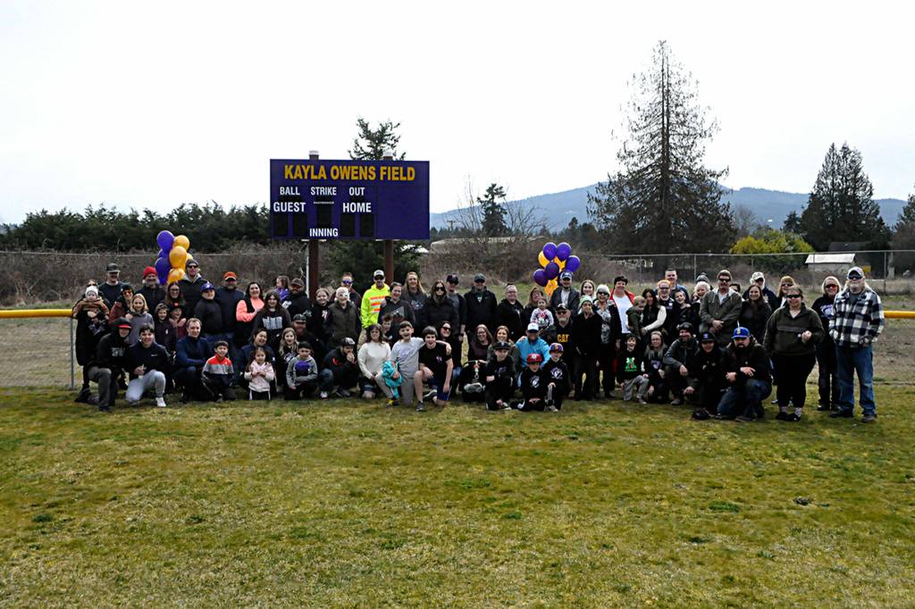Sequim Gazette photo by Matthew Nash/ More than 70 people attended a Sequim Little League ceremony dedicating the new Kayla Owens Field on March 19.