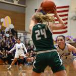Sequim Gazette file photo by Michael Dashiell / With teammate Jelissa Julmist near mid-court, Sequims Hannah Bates, right, keeps a close eye on Port Angeles guard Anna Petty in the first half of the Wolves 57-46 win on Feb. 2. Bates and Julmist joined Petty on the Cascade team at the 21st annual West Sound Senior High School All-Star Basketball contest in Bremerton High School in mid-March.