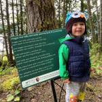Photos courtesy of Julia McCord
Brân McCord enjoys a Poetry Walk along the Spruce Railroad Trail west of Port Angeles in 2022. The 2023 Poetry Walks, featured along five Olympic National Park trails, kick off April 1.