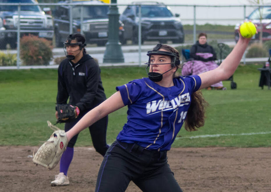 Sequim Gazette photo by Emily Matthiessen / Sequim Highs Lainy Vig pitches in the Wolves 26-11 home win against Bremerton.