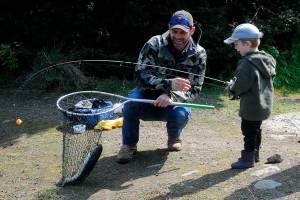 Craig Larson helps his 3-year-old son Barrett net a rainbow trout during Kids Fishing Day on April 23. It was Barrett’s first catch ever, Larson said. (Matthew Nash/Olympic Peninsula News Group)