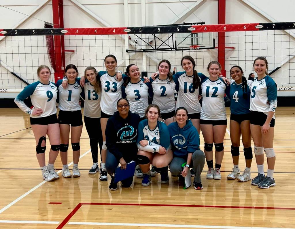 Submitted photo / Member of Momentum Ones 18U Tsunami team celebrate a strong finish in the Presidents Day Tournament in Seattle in mid-February. Pictured are (back row, from left) Keana Rowley (Forks), Erica Williams (Forks), Paige Pangaro (Port Angeles), Arianna Stovall (Sequim), Port Angeles Josephine Edgington, Jasmine Messinger, Ava Hairell, and Lily Halberg, Eladia Hernandez (Forks) and Maryrose Halberg (Port Angeles), with (front row, from left) coach Lucritia Stansbury-Hernandez (Forks), Sydney Hegtvedt (Sequim) and coach Christine Grunch-Halberg (Port Angeles). Not pictured is coach Kix McArthur (Sequim).
