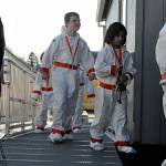Sequim Gazette photo by Matthew Nash/ Third graders Vaughn McCarter and Eden Kulfan enter their spaceship (Michele Canepas classroom at Olympic Peninsula Academy) before they go on a mission to Mars on March 27.
