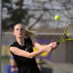 Sequim gazette photo by Michael Dashiell / Sequim High senior Kendall Hastings takes on Port Angeles Liberty Lauer on March 29. Hastings won the No. 1 singles match in straight sets (6-1, 6-3) as Sequim swept the Roughriders, 7-0.