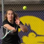 Sequim Gazette photo by Michael Dashiell / Sequims Sydney Hegtvedt returns a shot as she and teammate Dani Herman play a No. 1 doubles match against Port Angeles Sarah Hancock and Cindy Liang on March 29. The Sequim duo won in three sets – 6-3, 4-6, 6-3  as the Wolves swept their rivals at home, 7-0.