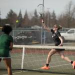 Sequim Gazette photo by Michael Dashiell / Sequims Payton Smithson returns a shot in a March 29 match against Port Angeles. She and doubles partner Amara Gonzalez topped Kayla Jones and Bridget Weed, 6-3 and 6-1, and the Wolves won the match, 7-0.