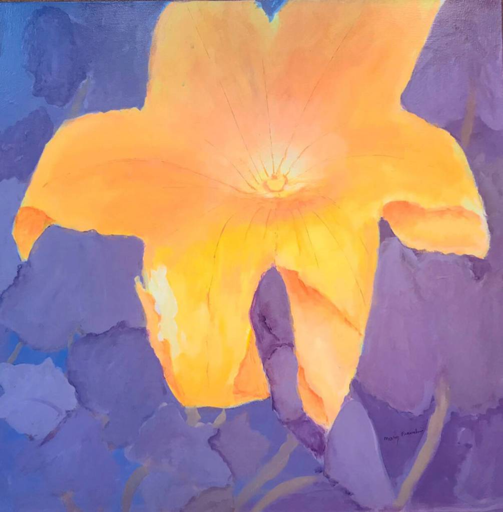 Art courtesy of Blue Whole Gallery / Yellow Flower for May by Mary Franchini, a featured artist at the Blue Whole Gallerys May 2023, exhibition, May Flowers.