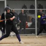 Sequim Gazette photo by Michael Dashiell / Sequims Mia Pozernick looks for a base hit in the Wolves 10-8 home victory over North Mason on March 30.