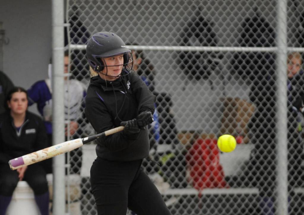 Sequim Gazette photo by Michael Dashiell / Sequims Lexi King looks for a base hit in the Wolves 10-8 home victory over North Mason on March 30.