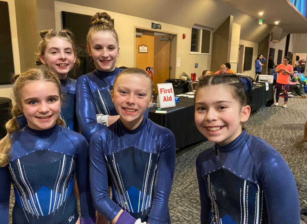 Photo courtesy of Klahhane Gymnastics / Klahhane Gymnastics Gold Team includes (back row, from left) Gracelyn Goss and Daylen Williams, and (front row, from left) Raynee Ciarlo, Elyse Brown and Harper Hilliker.
