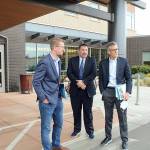 Photo by Tina Herschelman / U.S. Rep. Derek Kilmer, D-Gig Harbor, left, visits Jefferson Healthcare in Port Townsend on March 31, meeting with COO Jacob Davidson, center, and CEO Mike Glenn.