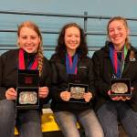 Photo courtesy of Katie Salmon-Newton
Sequim Equestrian Team buckle winners include, from left: Libby Swanberg, timed events reserve champion; Sydney Hutton, versatility events champion; and, Paige Reed, timed events champion. The trio will join teammates at the state meet, set for May 19-21 in Moses Lake.