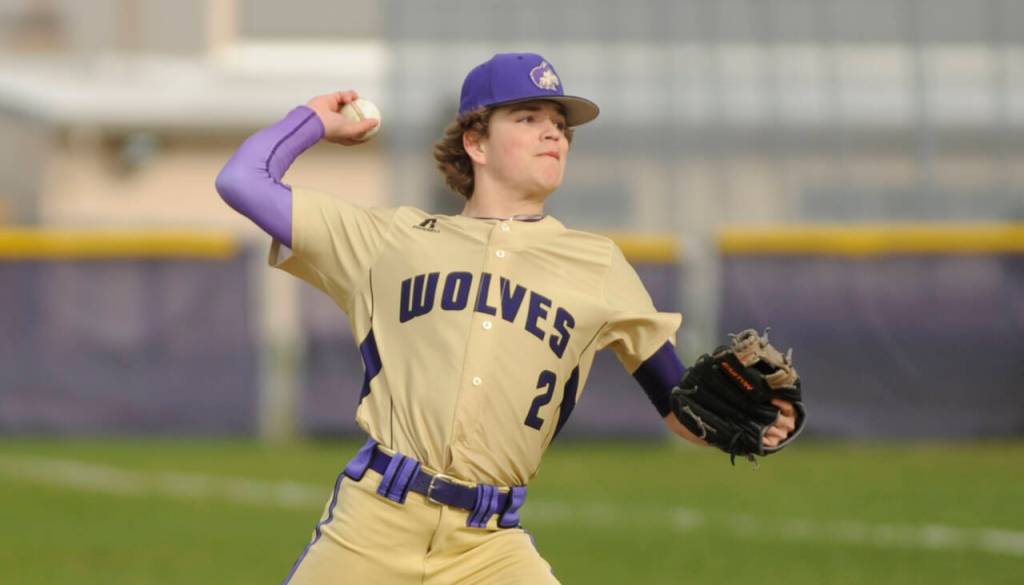 Sequim pitcher Zeke Schmadeke pitches against Port Angeles in the third inning of an April 13 league showdown. Schmadeke struck out three Roughriders over four innings.