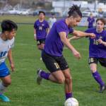 Sequim Gazette photo by Emily Matthiessen
Sequims Mekhi Ashby, center, gains control as teammates Evan Cisneros (14) and James Mason (16) and North Masons Alex Pablo Pablo look on. Sequim topped the visiting Bulldogs 2-1 on April 13.